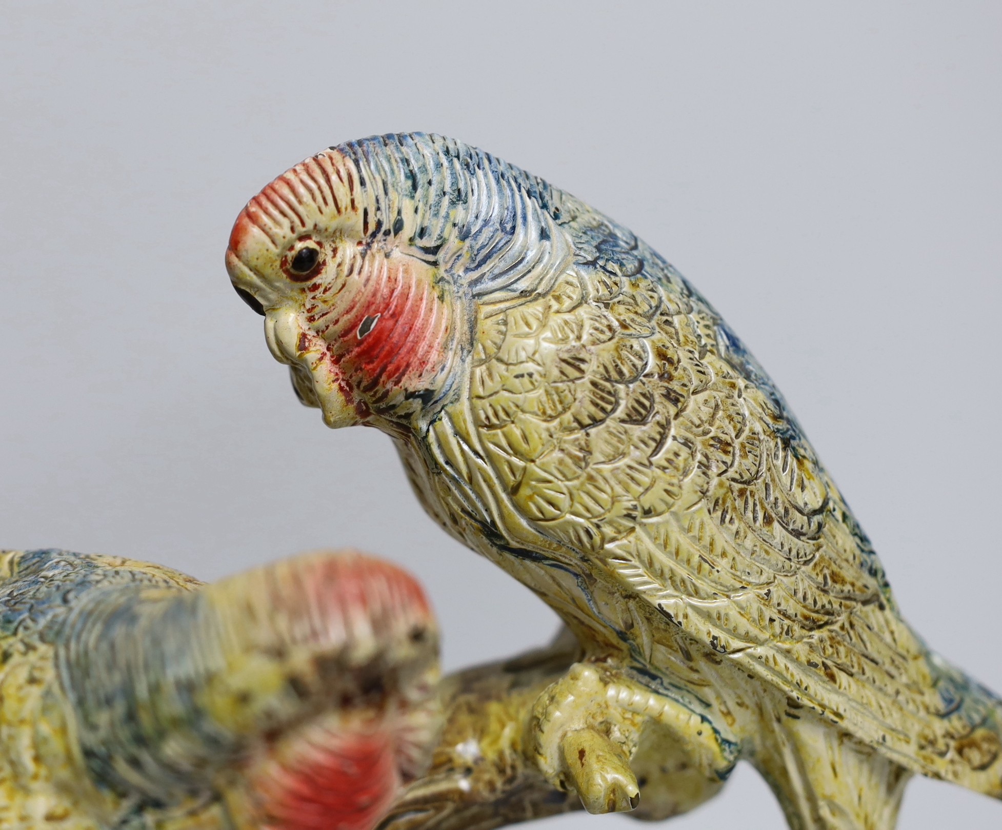 A Bergman style cold painted bronze budgerigar group, 25cm